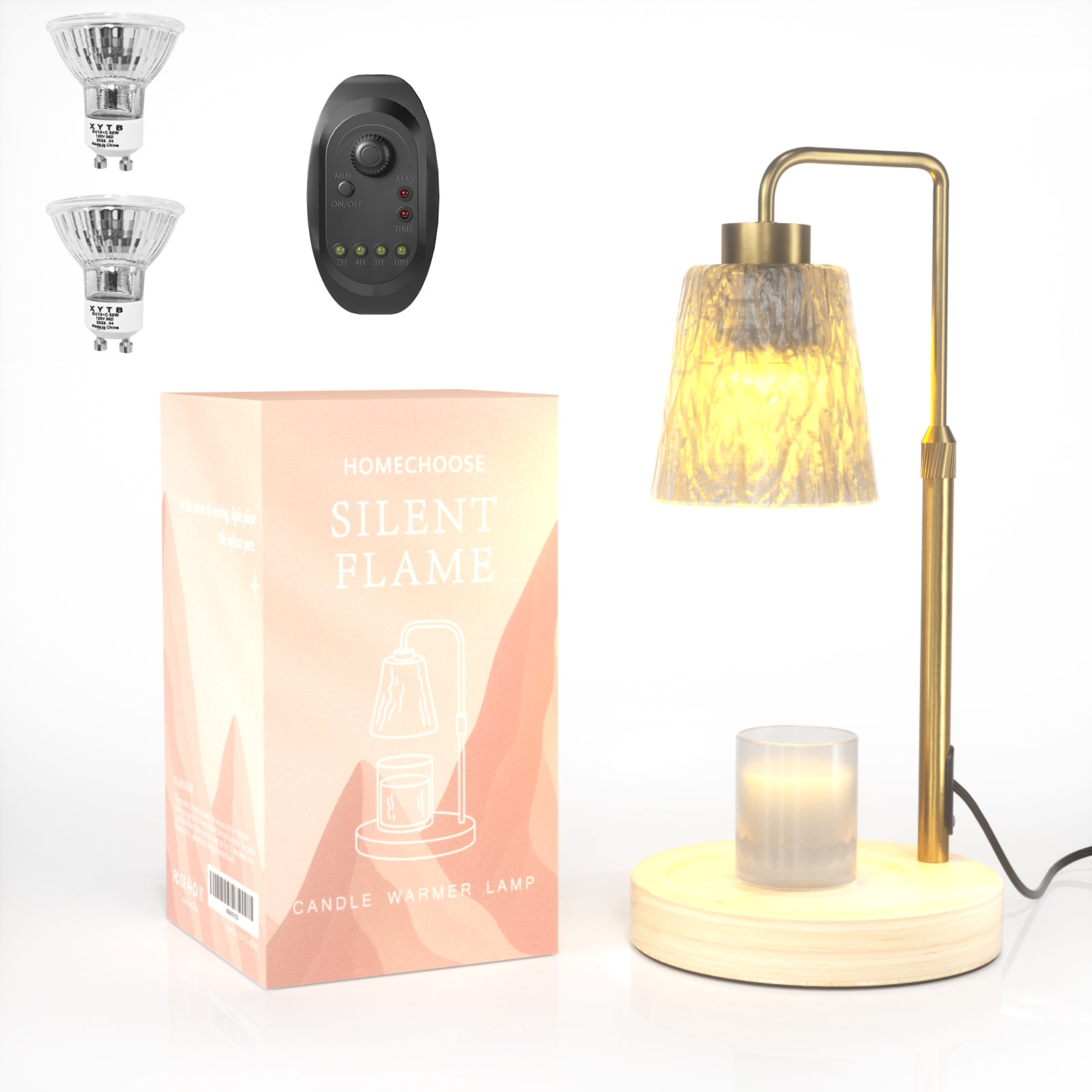 Candle heater with timer, wooden base, adjustable height and dimming candle heater, modern wax melting heater, gold desk lamp decoration for family living room, bedroom, farmhouse