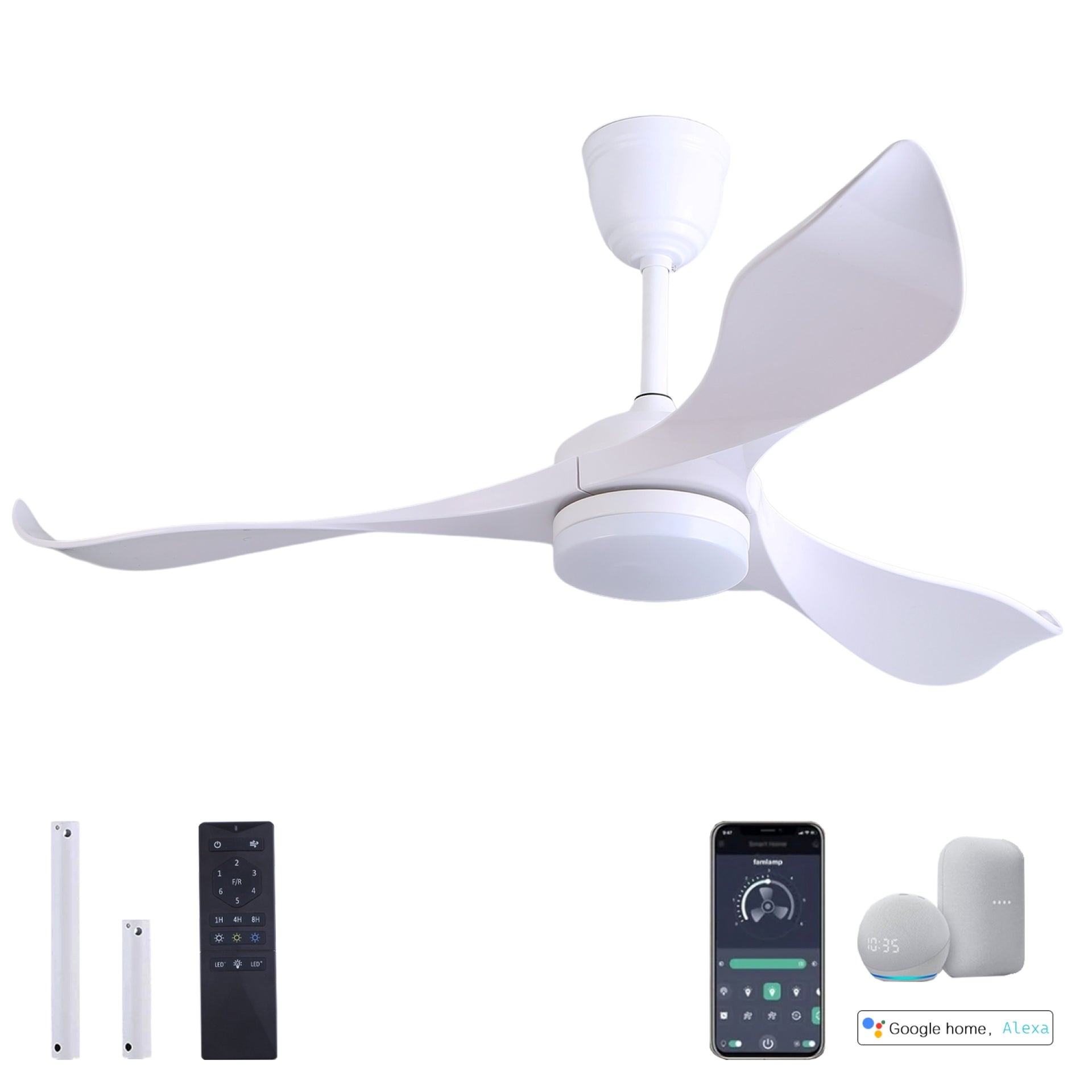 Low Profile Ceiling Fan with Light, 52 inch Smart Fan Light with Remote, APP Control, White 3 Blades Fandelier Cieling Fan for Bedroom, Outdoor