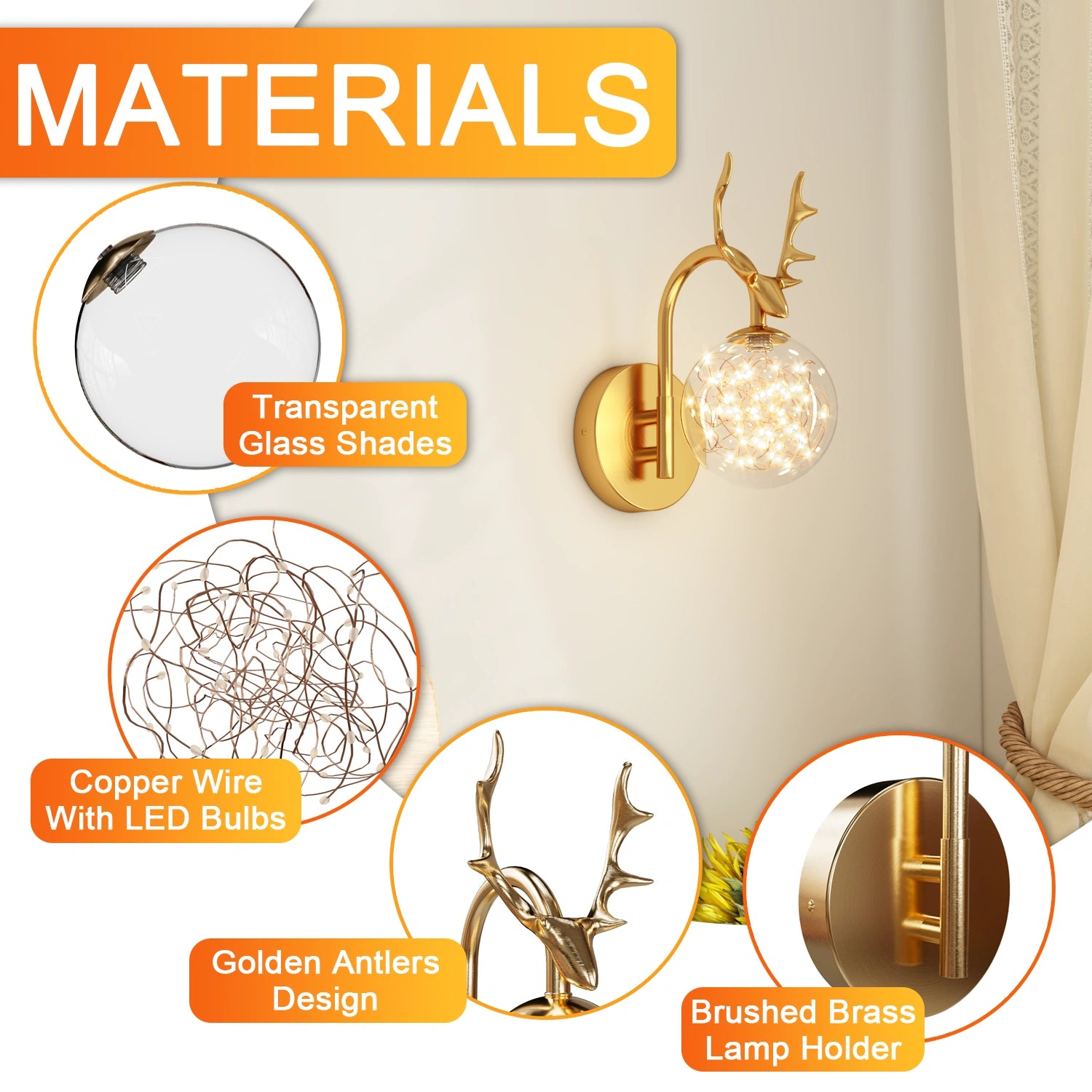 Wall Lights,Wall Sconce,Led Fairy Lights,Luxurious Golden Antler Shape,Wall Lamp for Living Room,Bedroom,Bedside