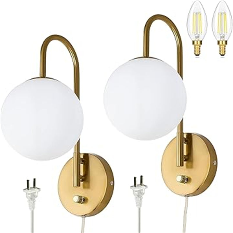 Beatihome brushed brass wall lamp, milky white glass lampshade, 2-piece set of wall lamps with 6.6-foot (approximately 2-meter) power cord (including 2 bulbs)