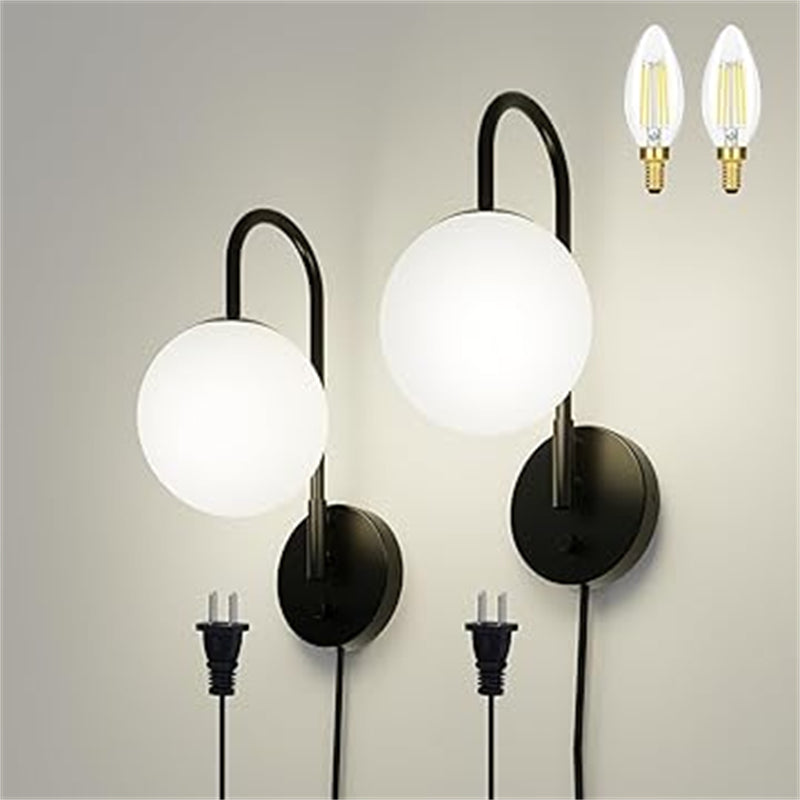 Beatihome brushed brass wall lamp, milky white glass lampshade, 2-piece set of wall lamps with 6.6-foot (approximately 2-meter) power cord (including 2 bulbs)