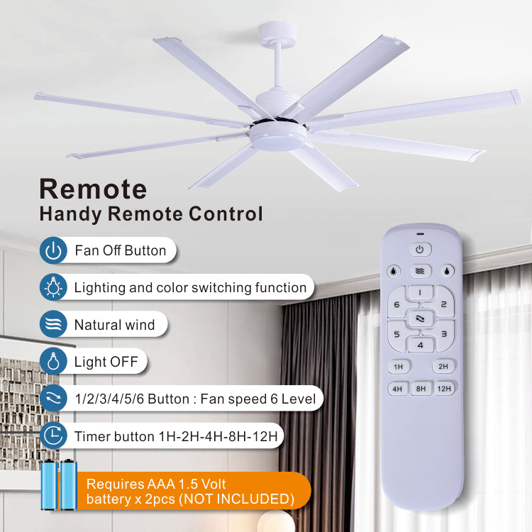 72" Celling Fan with Light Remote Control 3 Color Temperatures Quiet DC Motor 8 Blades White
