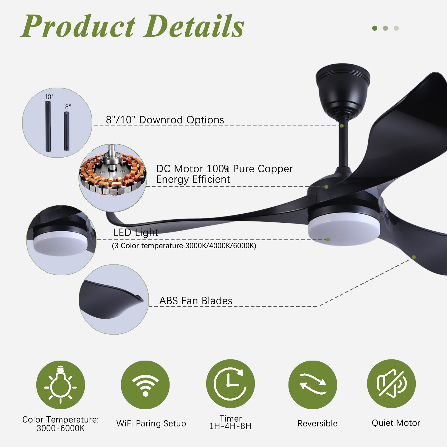 Ceiling Fans with Light, 52 inch Modern Low Profile Ceiling Fan with Remote & APP Control, Smart Fan Light with Quiet Reversible DC Motor for Bedroom Living Room and Patio Black
