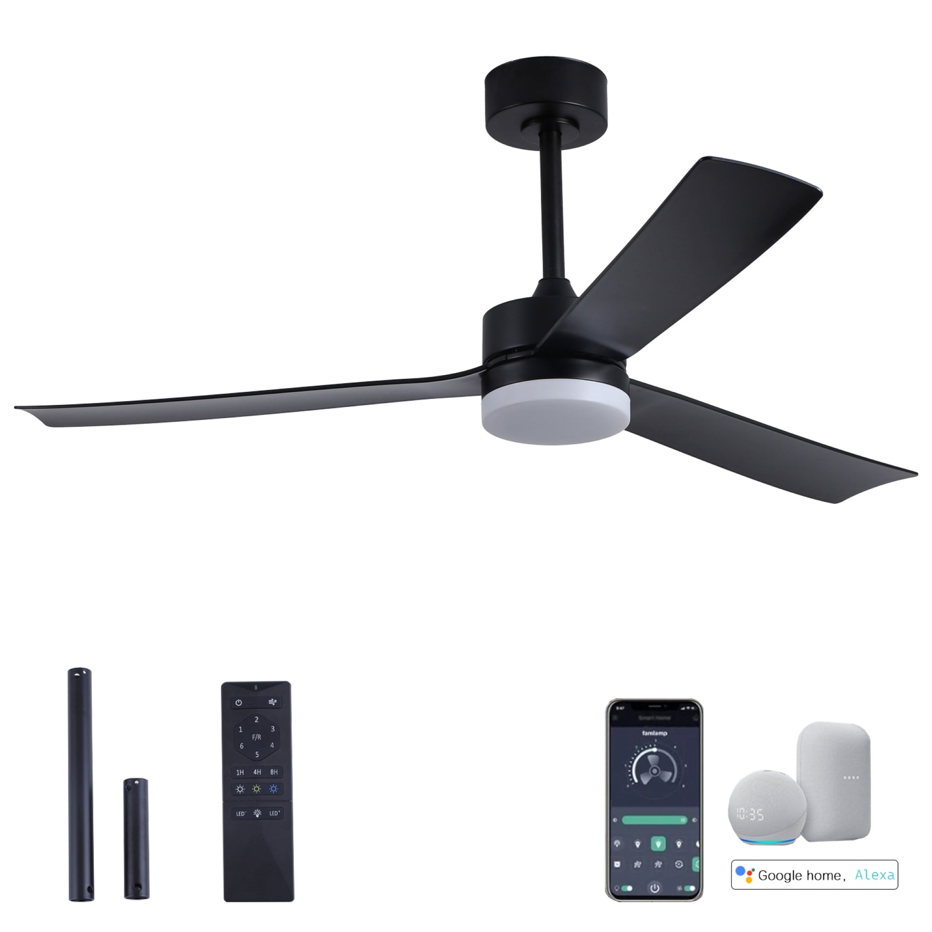 52 Inch LED Morden Black Ceiling Fan with Remote/App/Voice Control Quite DC 6 Speeds Motor