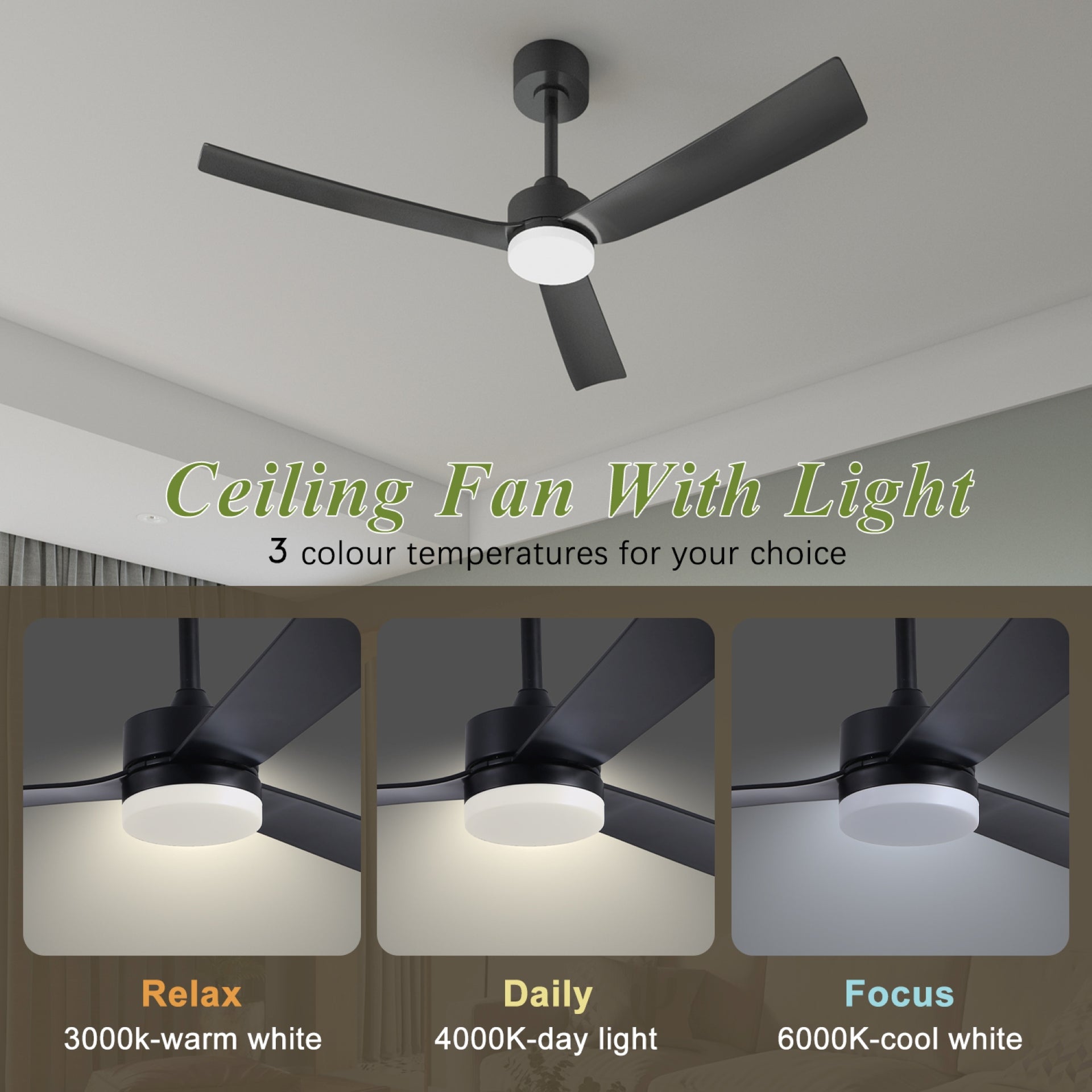 52 Inch LED Morden Black Ceiling Fan with Remote/App/Voice Control Quite DC 6 Speeds Motor