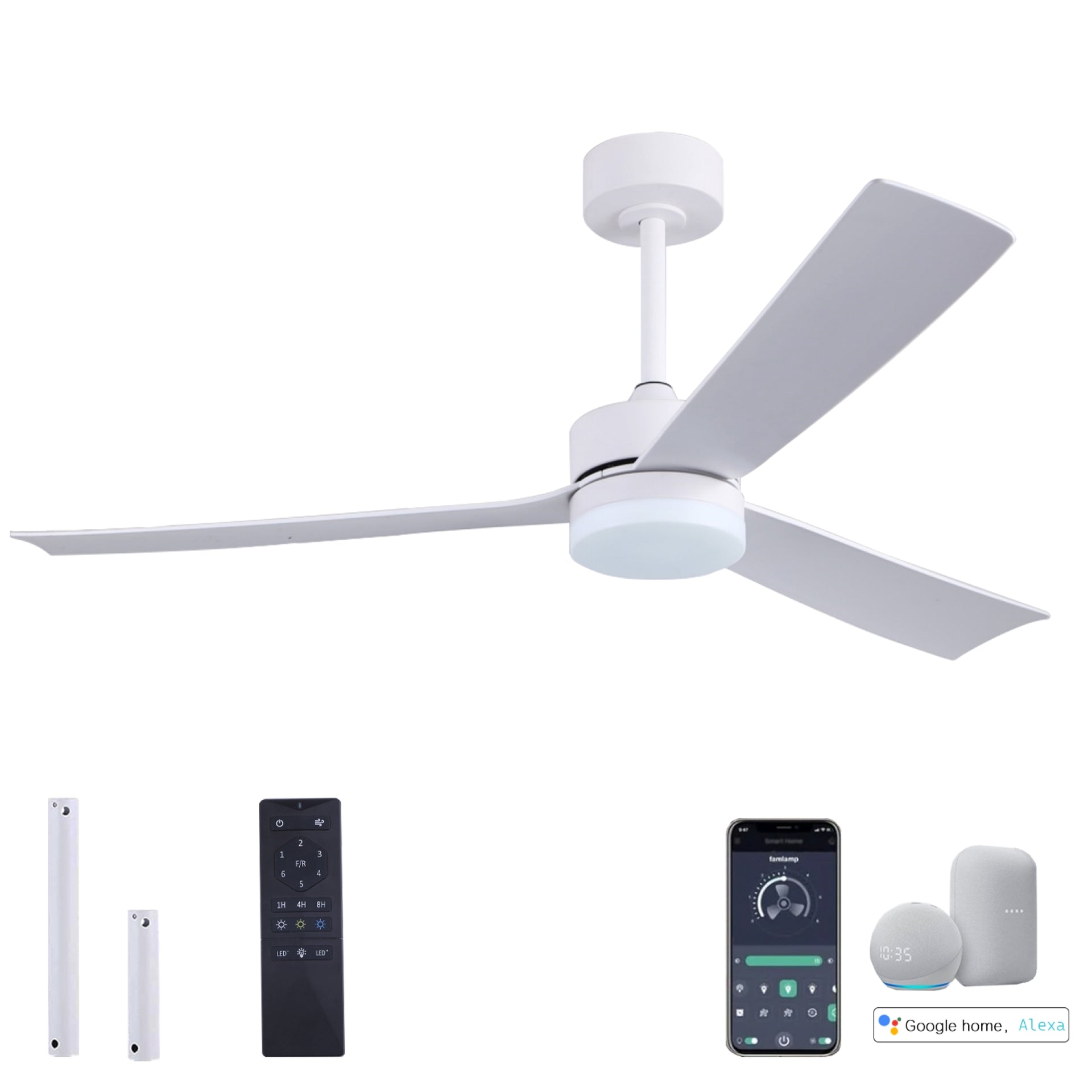 52 Inch LED Morden White Ceiling Fan with Remote/App/Voice Control Quite DC 6 Speeds Motor