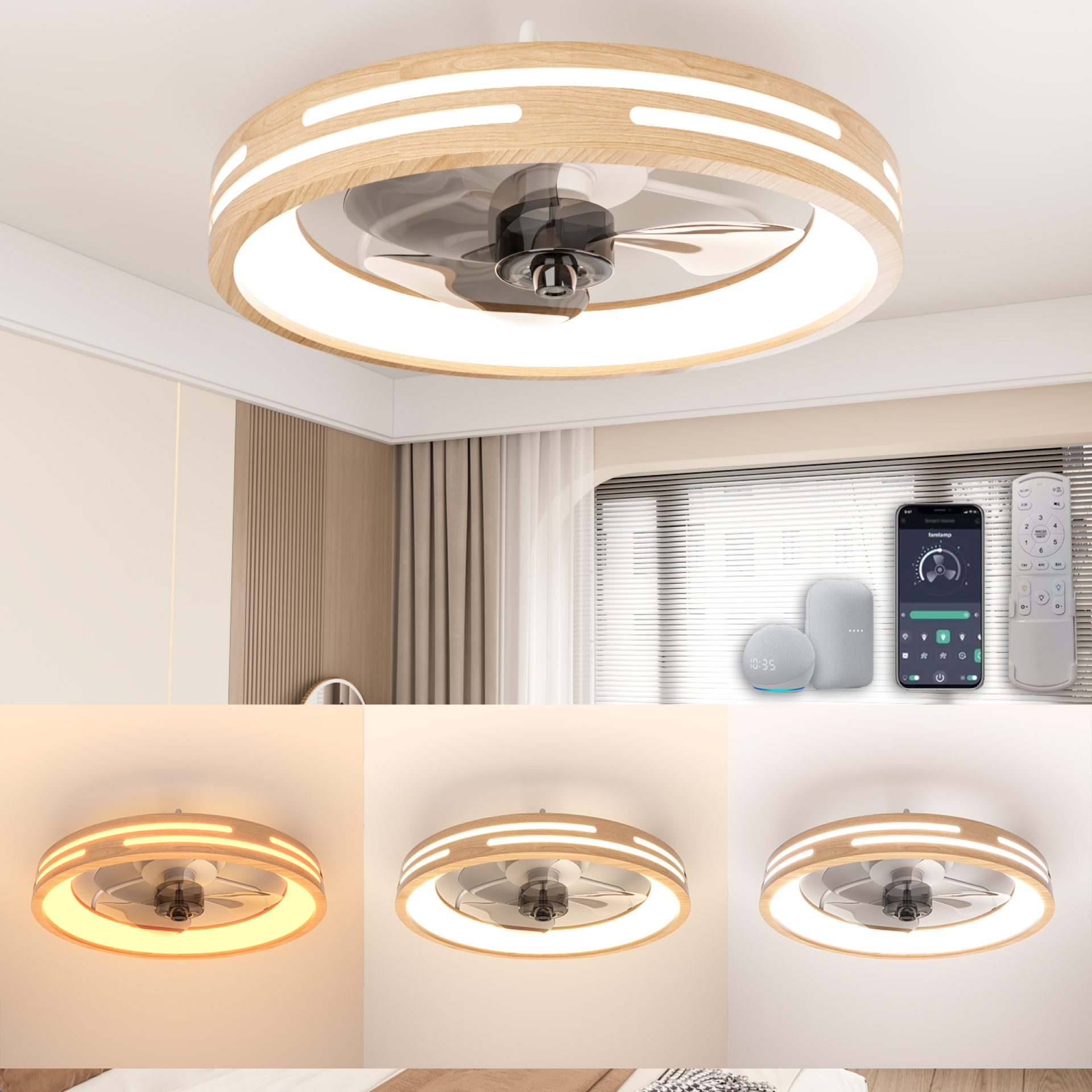 Ceiling Fans with Lights and Remote, 20'' Low Profile Ceiling Fan with App & Voice Control, Fandelier Ceiling Fan with Light for Bedroom, Living Room (White+Wood Grain)