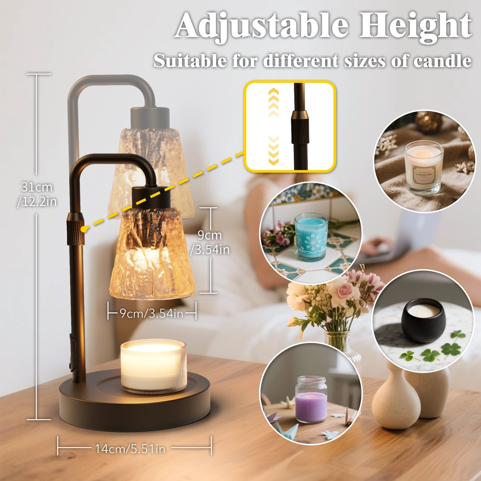 Candle Warmer Lamp with Timer, Height Adjustable Dimmable Candle Lamp Warmer for Jar Candles, Modern Wax Melts Warmer, Black Table Lamp Light Decor for Home Living Bedroom Farmhouse