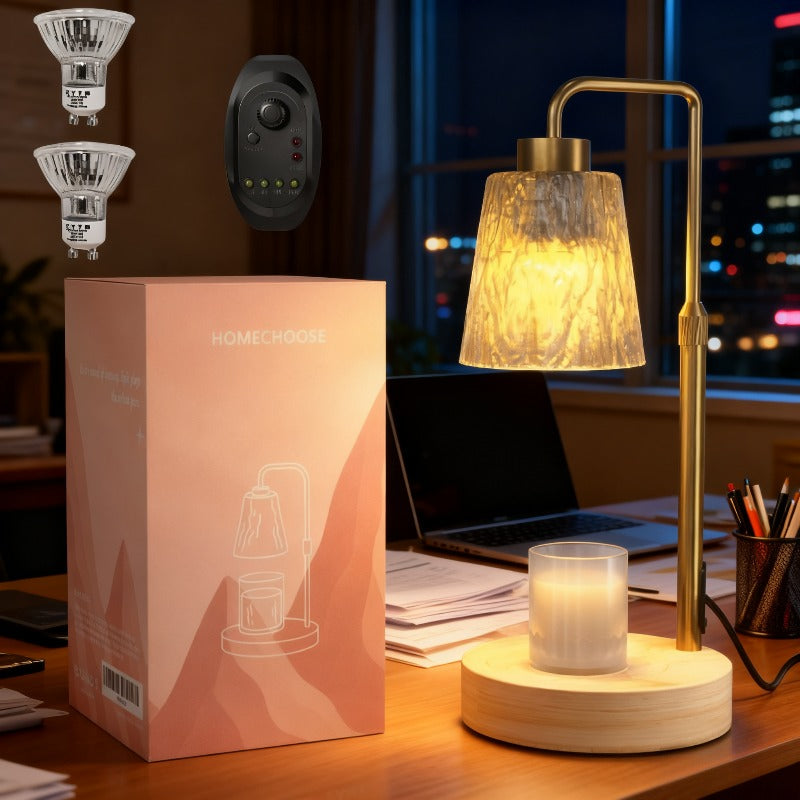 Candle heater with timer, wooden base, adjustable height and dimming candle heater, modern wax melting heater, gold desk lamp decoration for family living room, bedroom, farmhouse